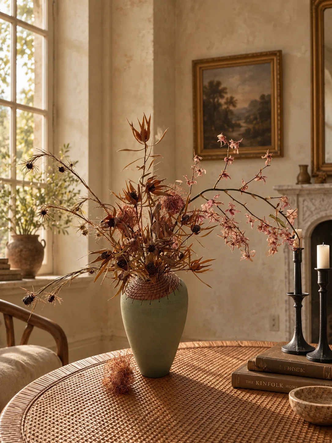 Wild dried thistle, leucadendron, and orchid stem arrangement in a sage-green woven-rim vase in a sunlit room
