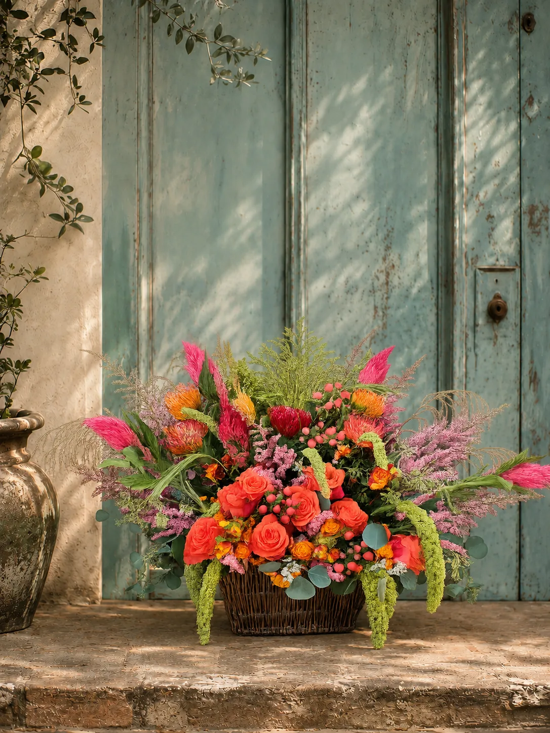 Vibrant coral rose, celosia, and pampas grass arrangement in a woven basket against a weathered teal door