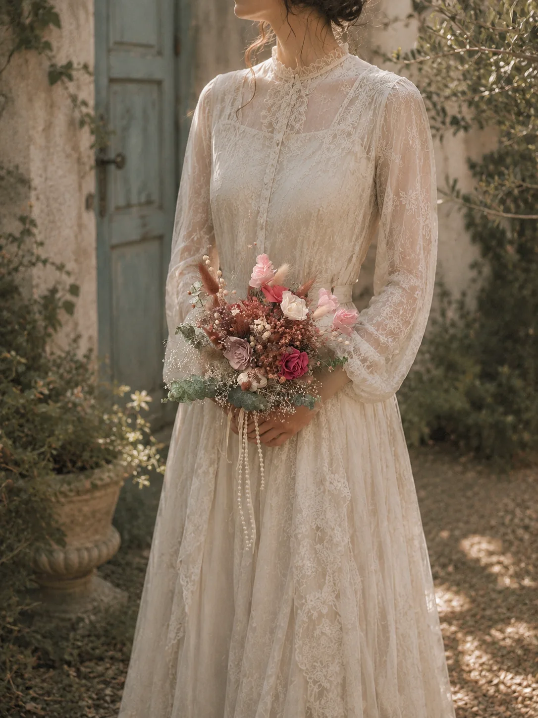 Bride in a vintage lace long-sleeve dress holding a pink and burgundy bouquet with trailing pearls
