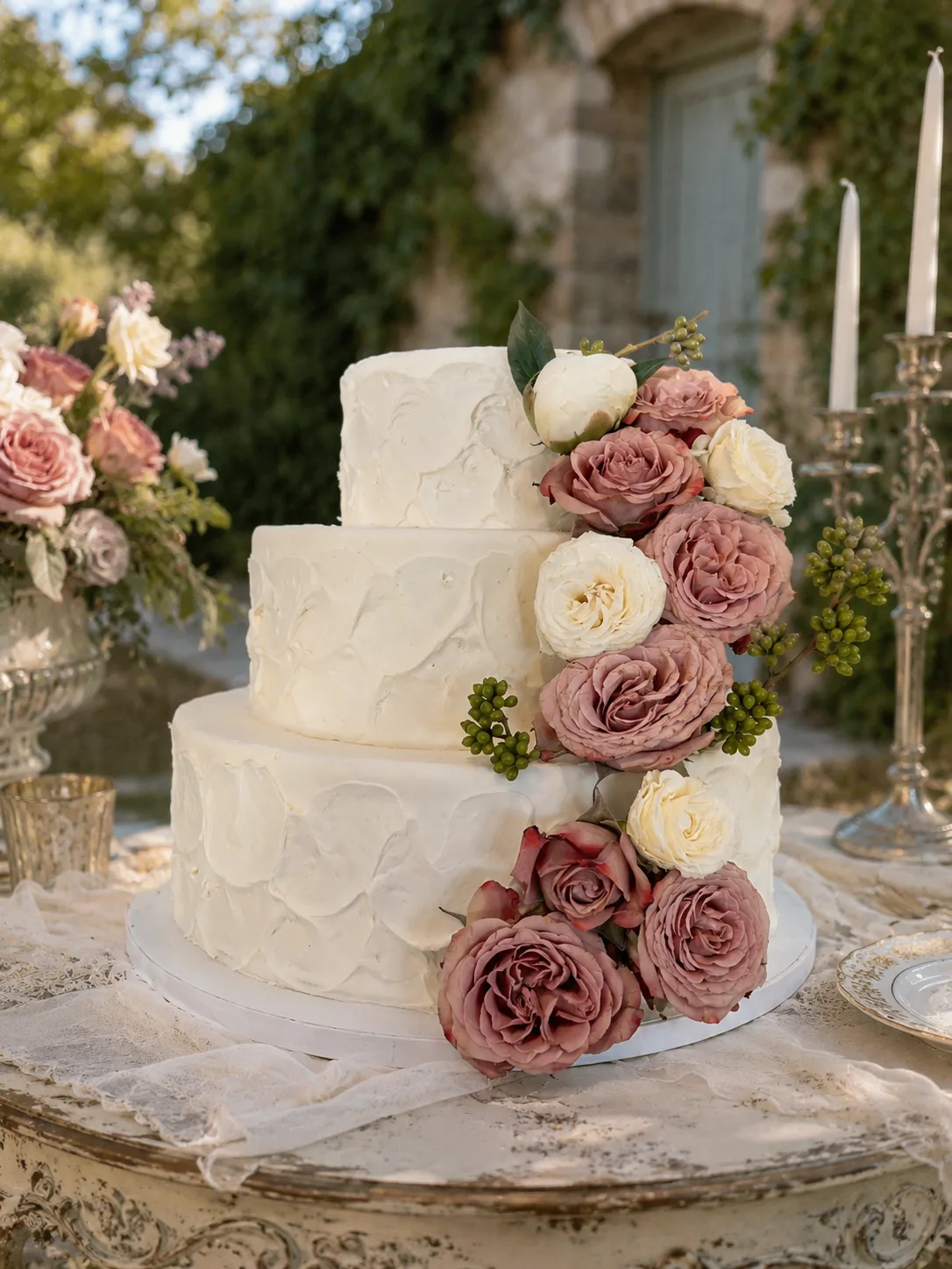 Three-tier white wedding cake with cascading mauve and cream garden roses