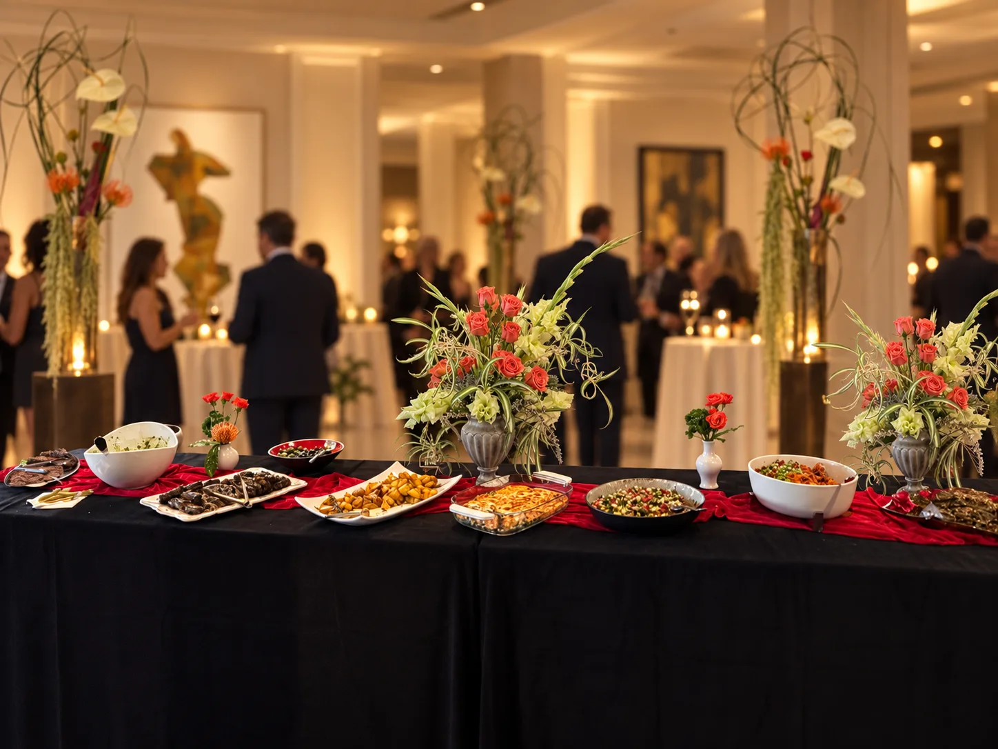 Tall rose and anthurium arrangements flanking a reception buffet table at an elegant hotel gathering, guests mingling in the background